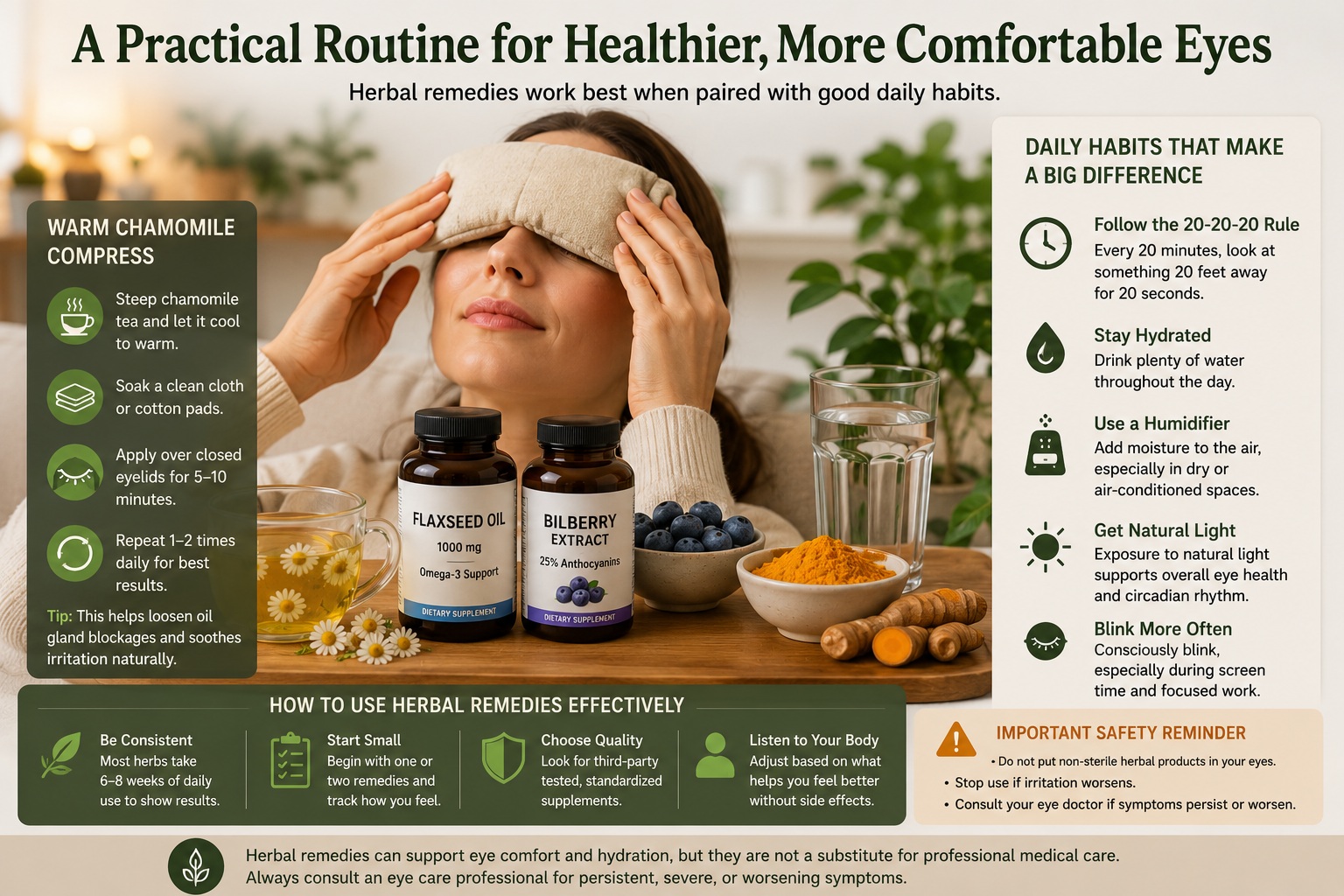 Infographic showing a daily herbal and lifestyle routine for dry eye relief including chamomile compresses, flaxseed oil, bilberry extract, hydration, blinking exercises, and screen break habits.