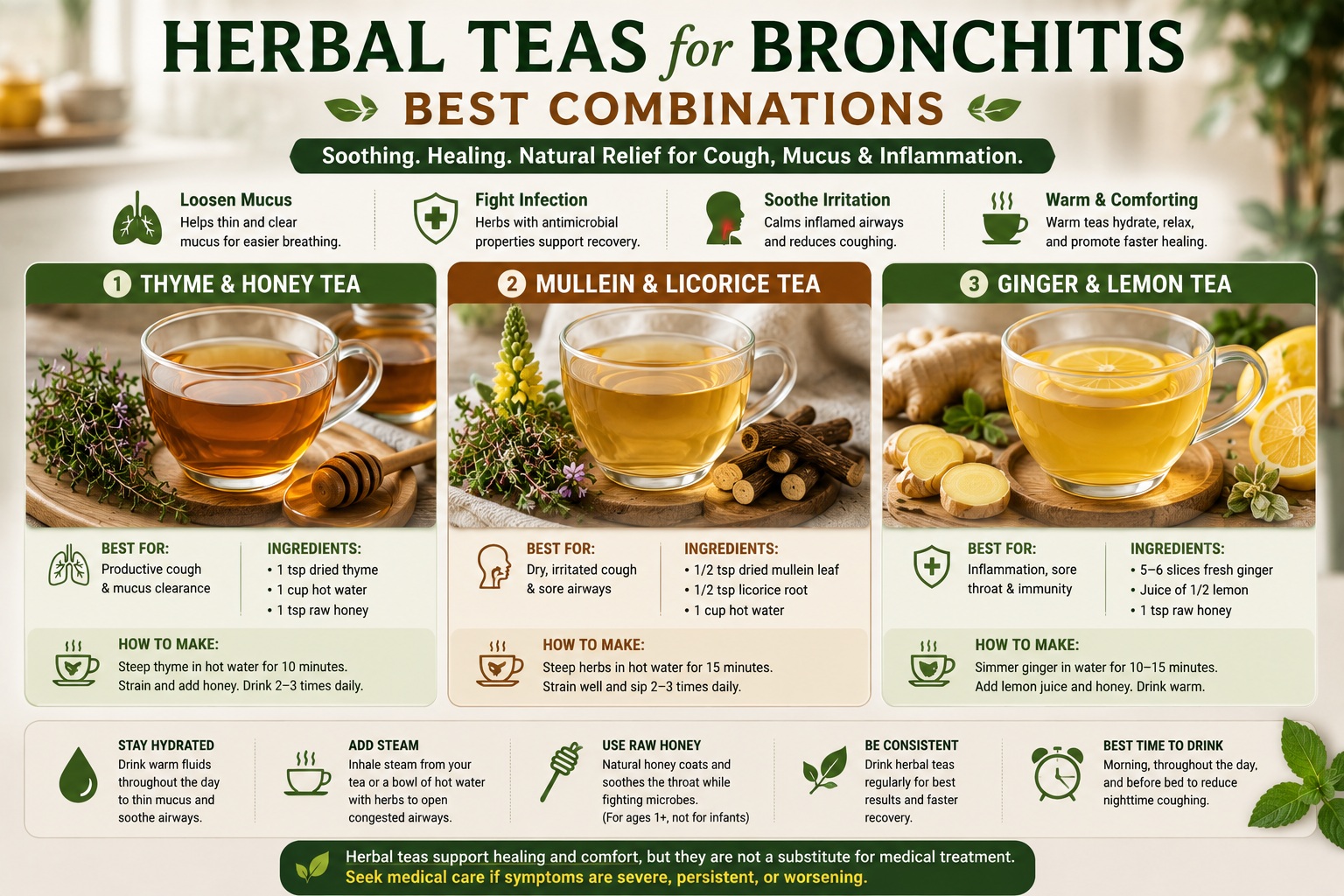 Warm herbal teas for bronchitis relief including thyme and honey tea, mullein and licorice tea, and ginger lemon tea.