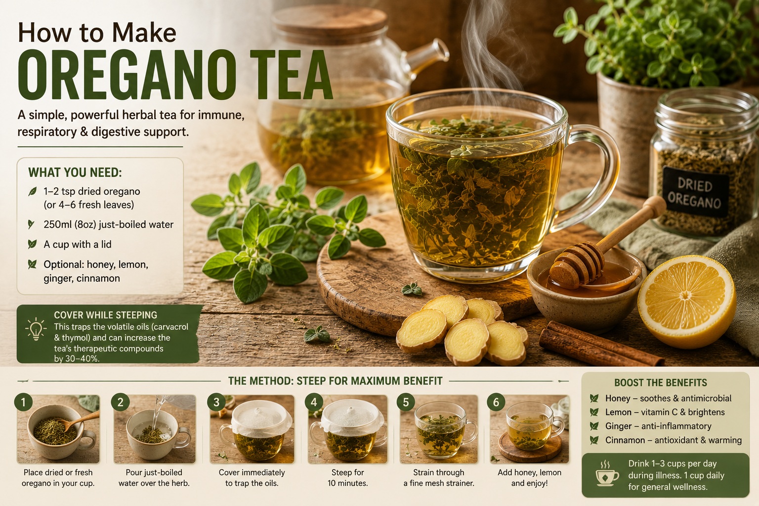 Fresh oregano tea being brewed with honey, lemon, and herbs for natural immune and respiratory support.