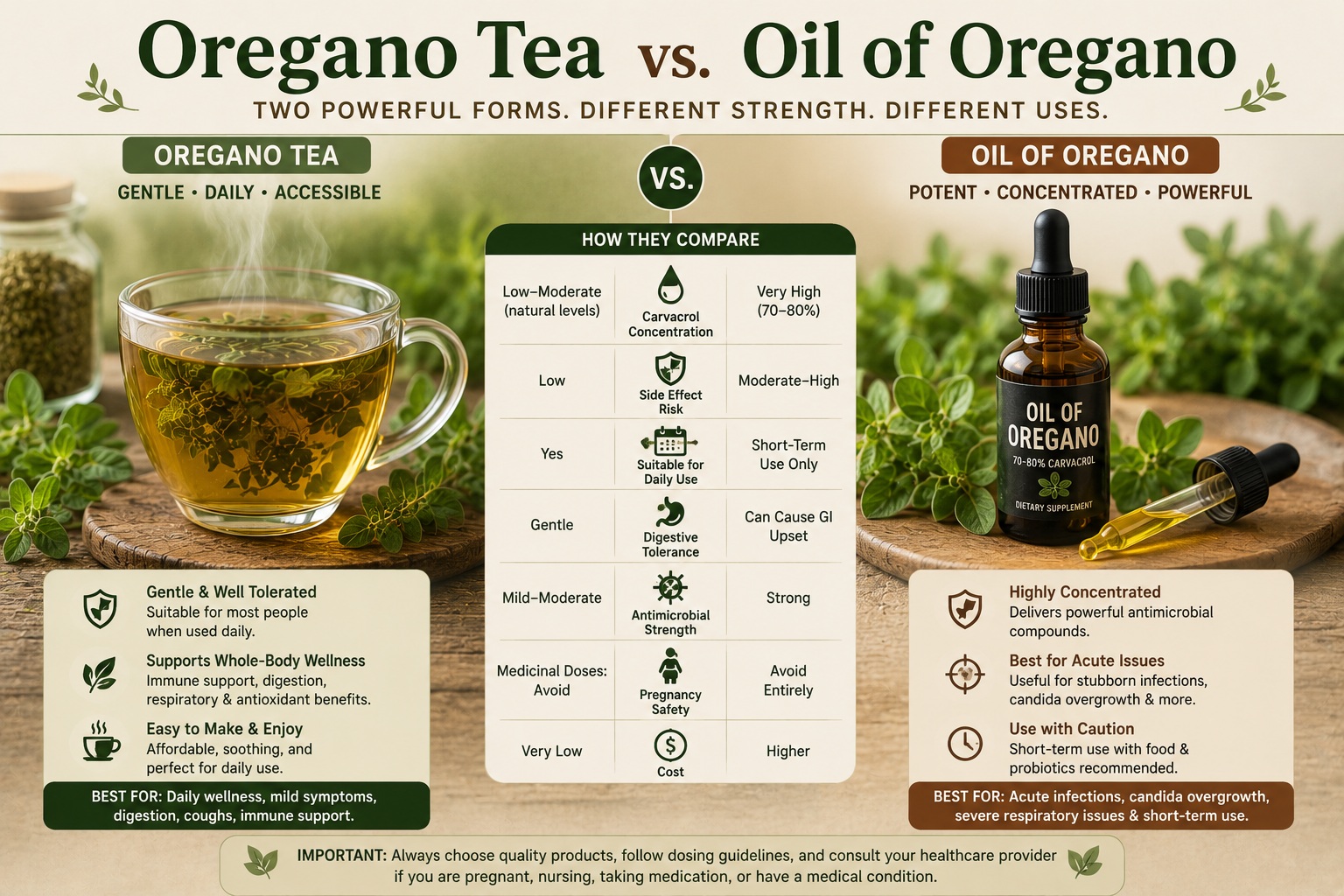 Comparison of oregano tea and oil of oregano showing different forms of medicinal oregano and their uses.