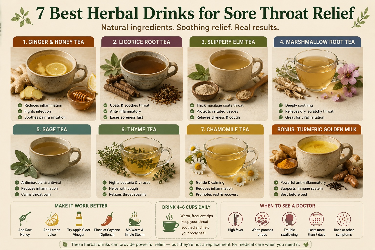 Infographic showing the best herbal drinks for sore throat relief including ginger tea, licorice root, slippery elm, marshmallow root, sage, thyme, chamomile, and turmeric golden milk.