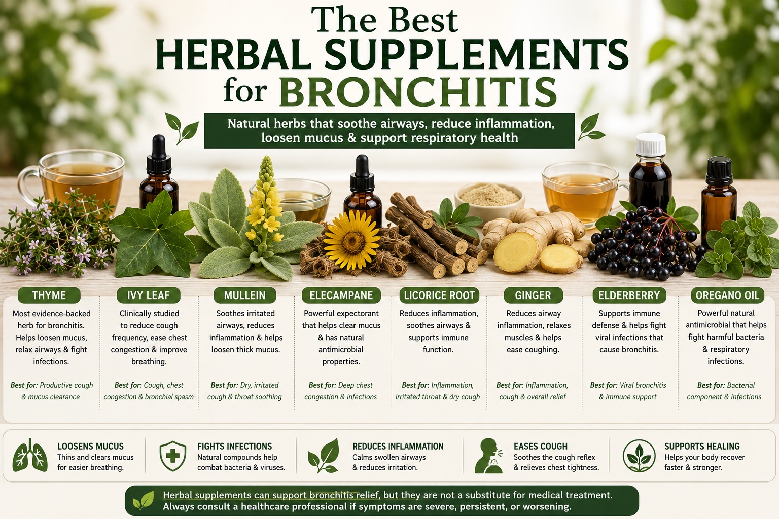 Collection of herbal remedies for bronchitis including thyme, ivy leaf, mullein, elecampane, licorice root, ginger, elderberry, and oregano oil.