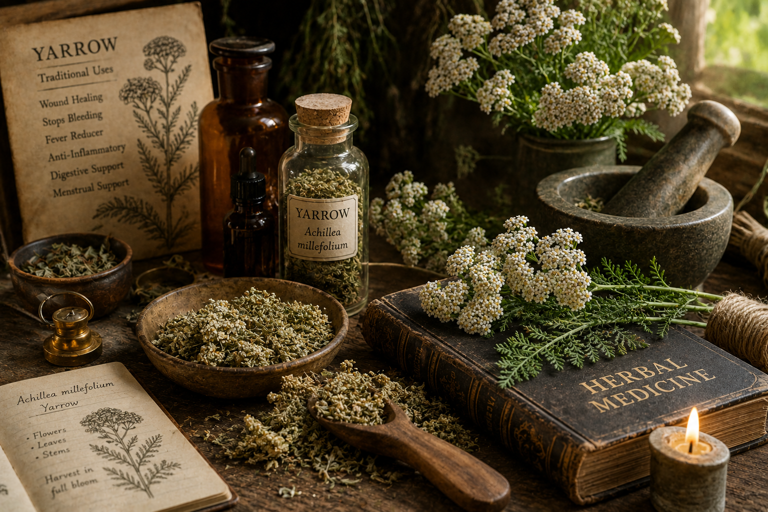 Traditional herbal medicine scene featuring yarrow flowers, dried herbs, and apothecary tools in warm natural light.