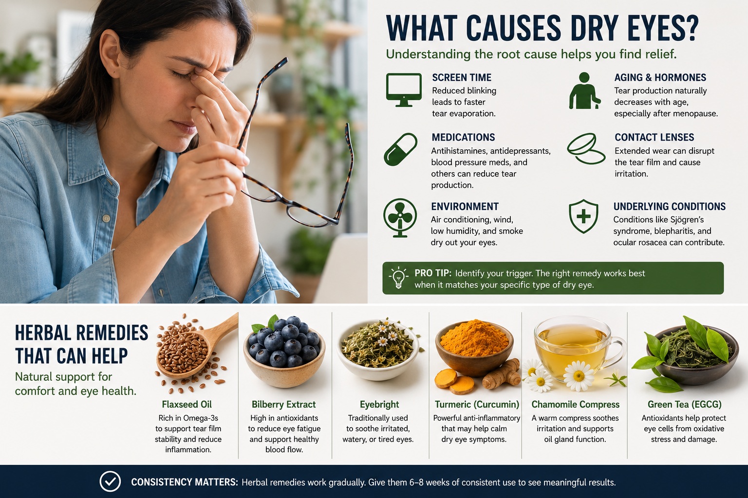 Infographic showing common causes of dry eyes and herbal remedies including flaxseed oil, bilberry, turmeric, chamomile, and green tea.