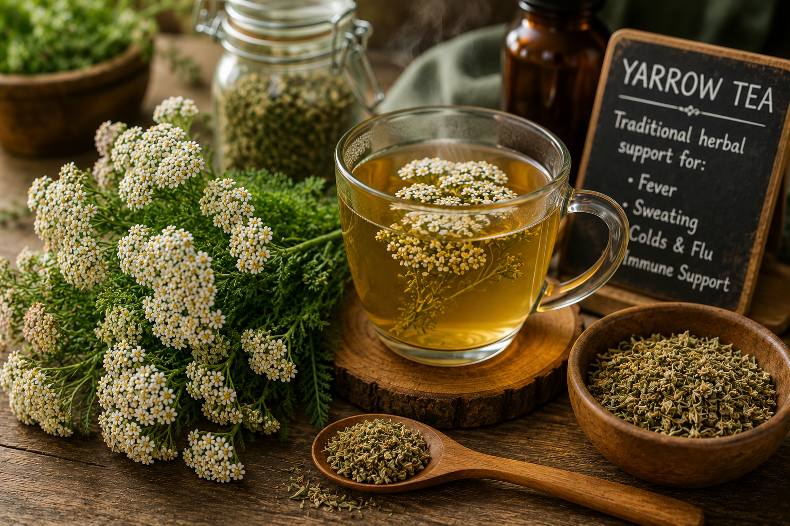 Hot yarrow herbal tea served with fresh yarrow flowers and dried herbs for natural fever support.