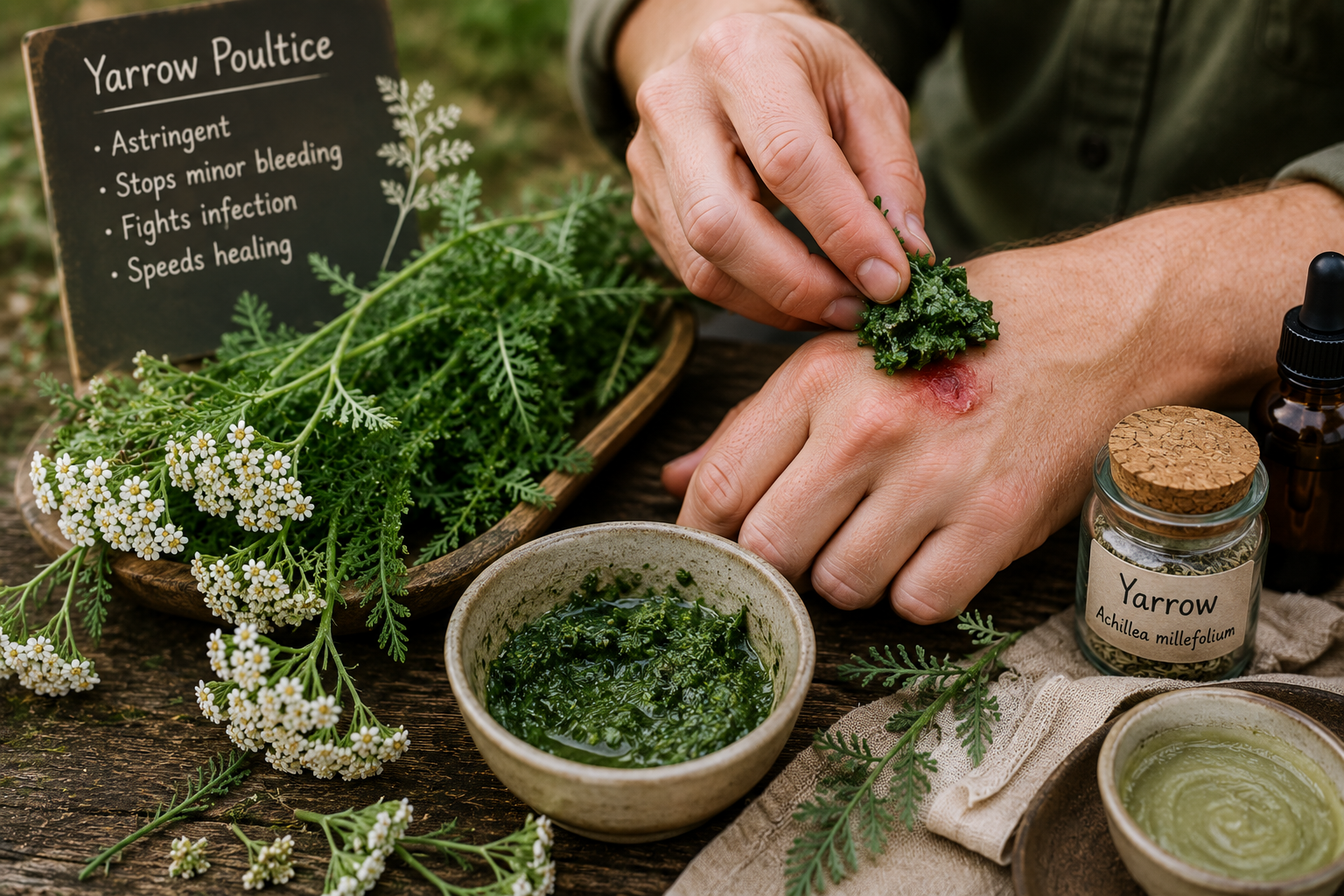 Fresh yarrow leaves being prepared as a traditional herbal poultice for minor wound care.