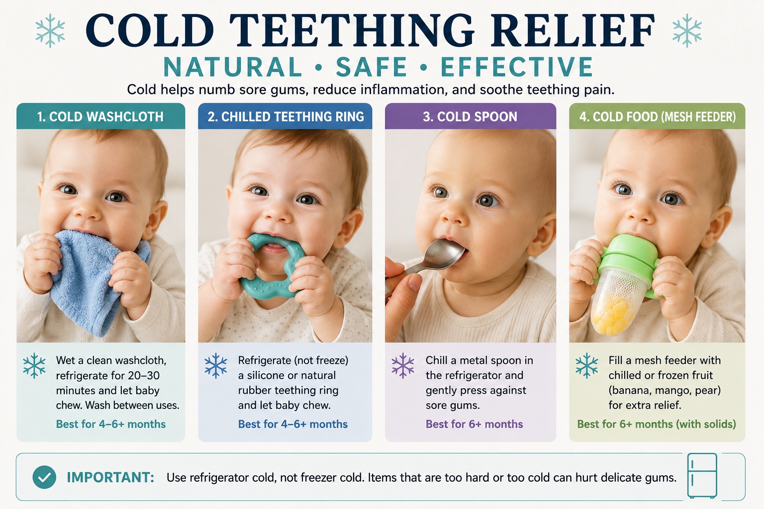 Baby using a chilled teething ring and cold washcloth for natural teething pain relief
