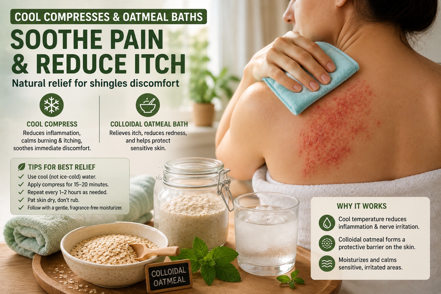 Person using a cool compress and oatmeal bath remedy for shingles pain and itching relief