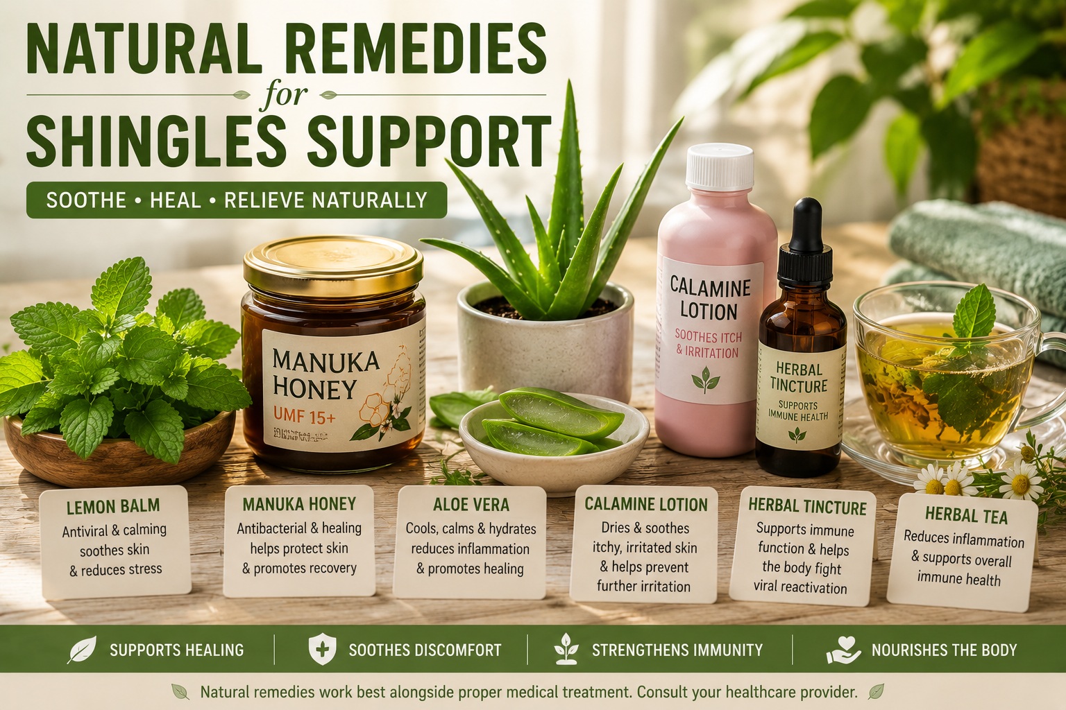 Natural herbal remedies used to support shingles healing including lemon balm, aloe vera, manuka honey, and calamine lotion