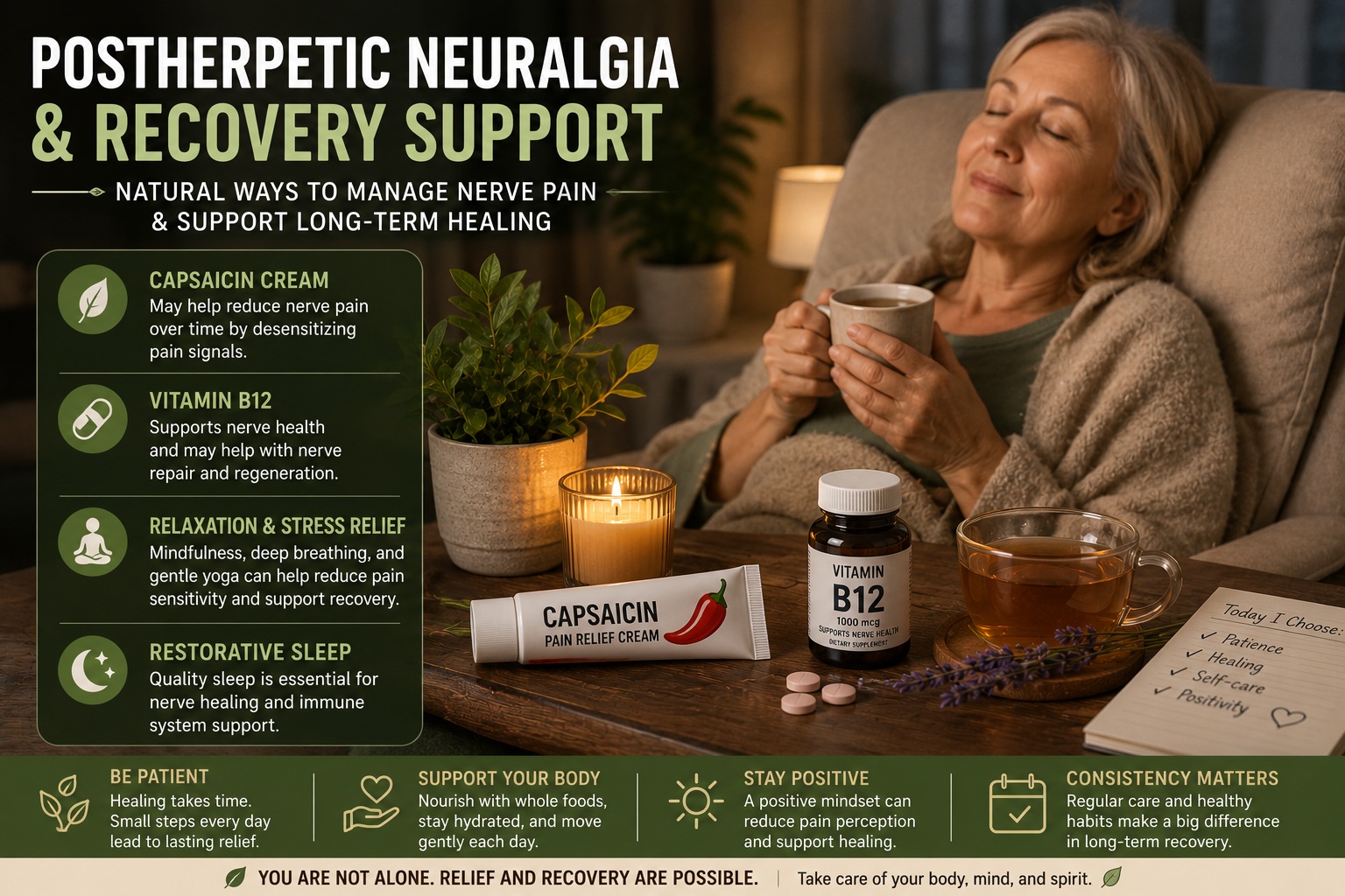 Natural recovery support for postherpetic neuralgia including capsaicin cream, vitamin B12, and relaxation techniques